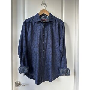 Robert Graham Shirt Mens Medium Blue Floral Jacquard Button Down Contrast Cuffs